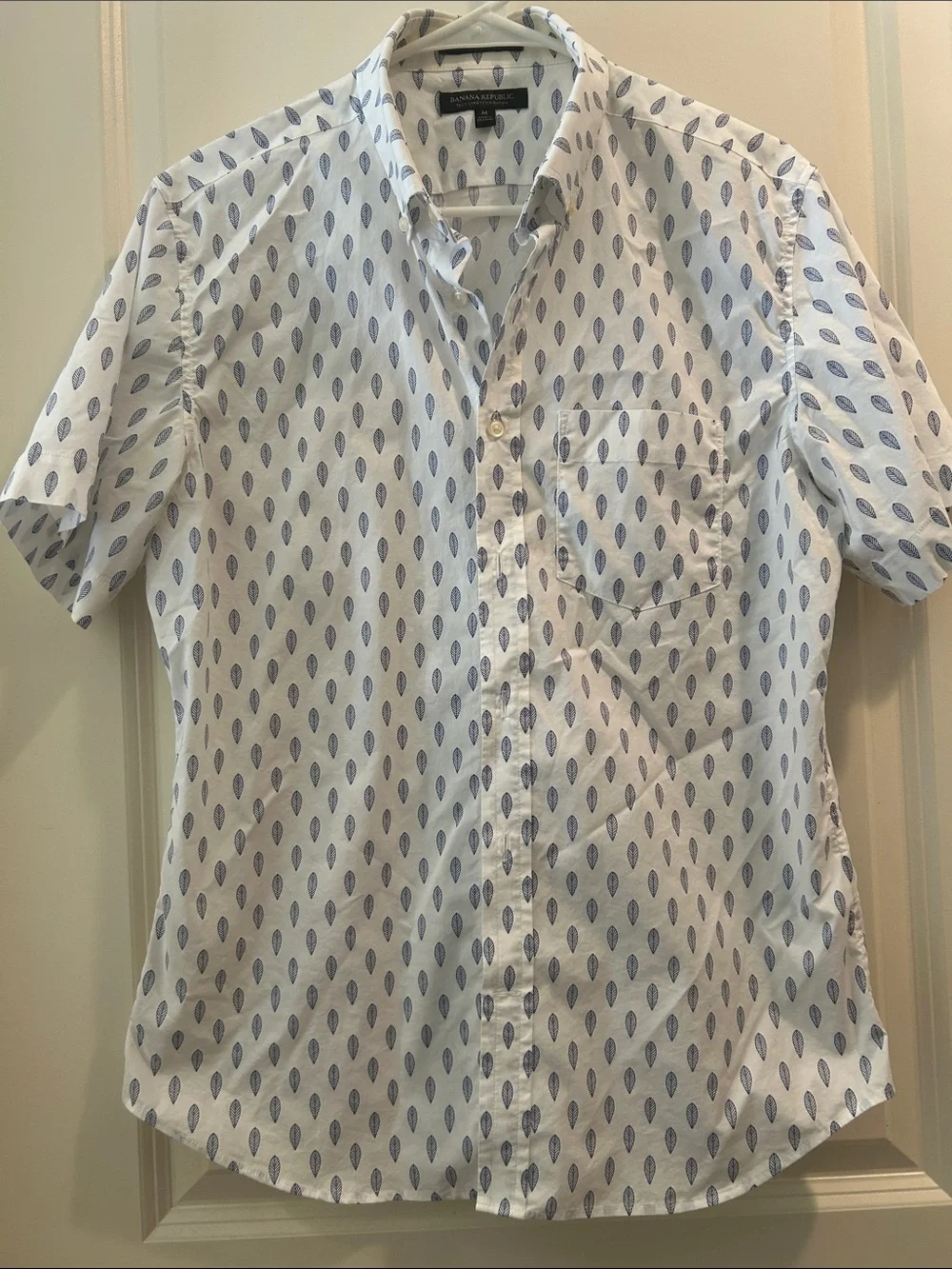 Banana Republic Tech Stretch Cotton Leaf Print Button Shirt Short Sleeve M Slim
